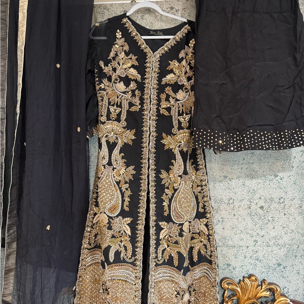 Pakistani Indian Elegant Black and Gold Embroidered designer Dress